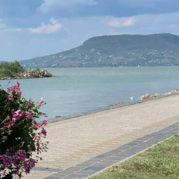 Lake Balaton beach and flower garden at Balatonfured, Hungary.